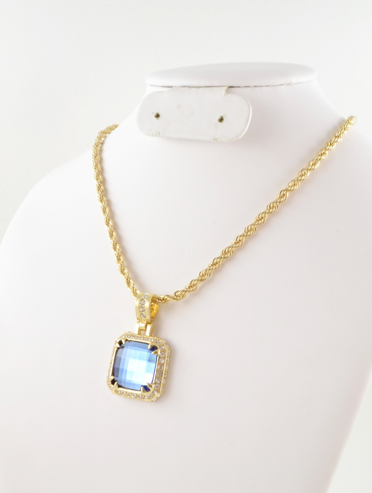 Yellow Gold Finish Blue Gemstone Chain and Charm Fashion Jewelry 24 inch Long
