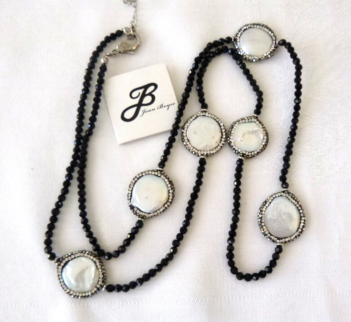 Stunning Joan Boyce HSN Pillow Pearl Discs Necklace Onyx Beads Crystals 34″