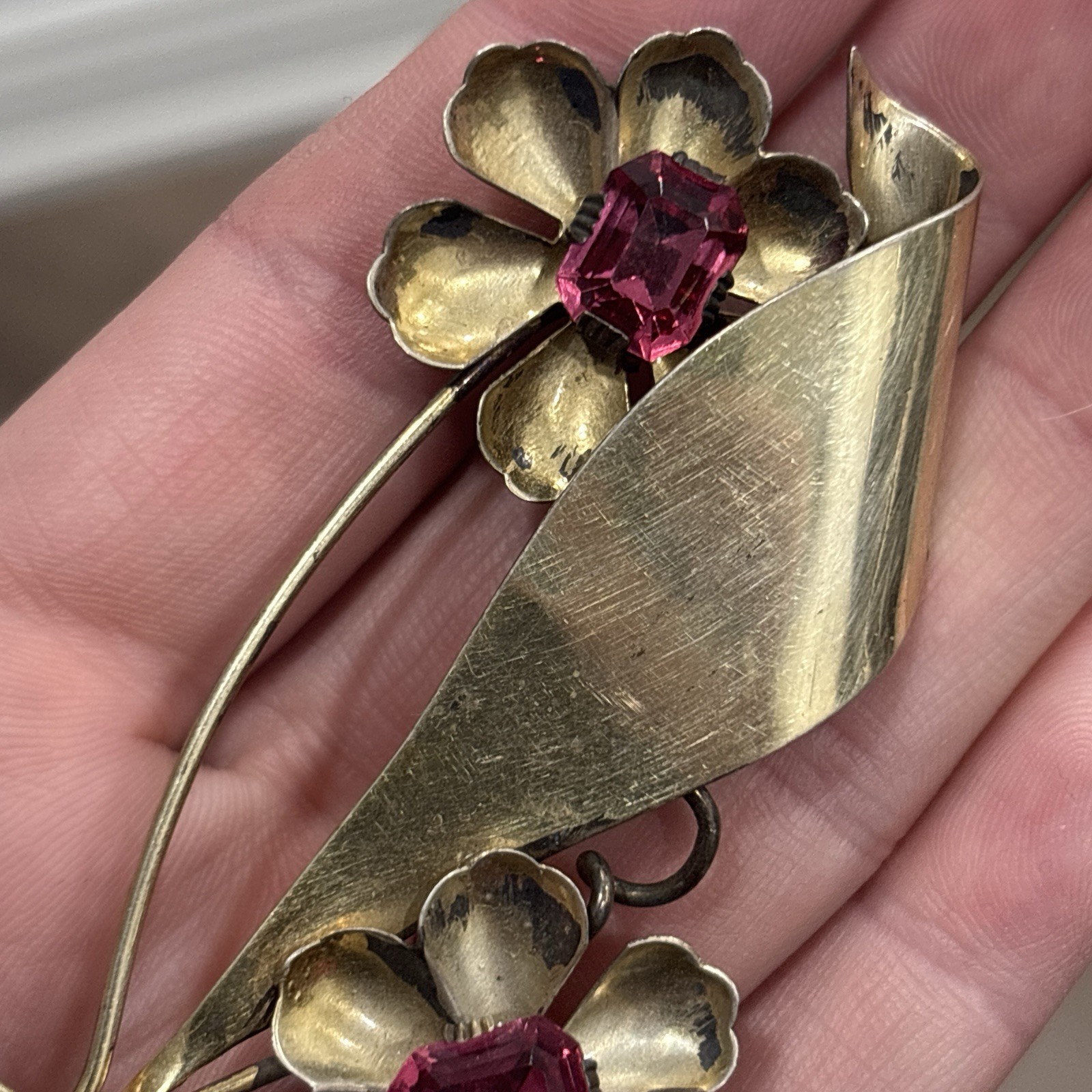 Vintage Sterling Silver Vermeil Floral Spray Brooch Pink Rhinestone Flower 1940s