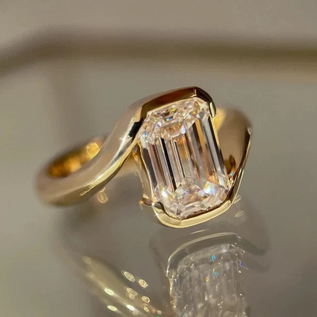 3CT Emerald Cut Moissanite Bezel Engagement Ring 14K Yellow Gold 925 Silver