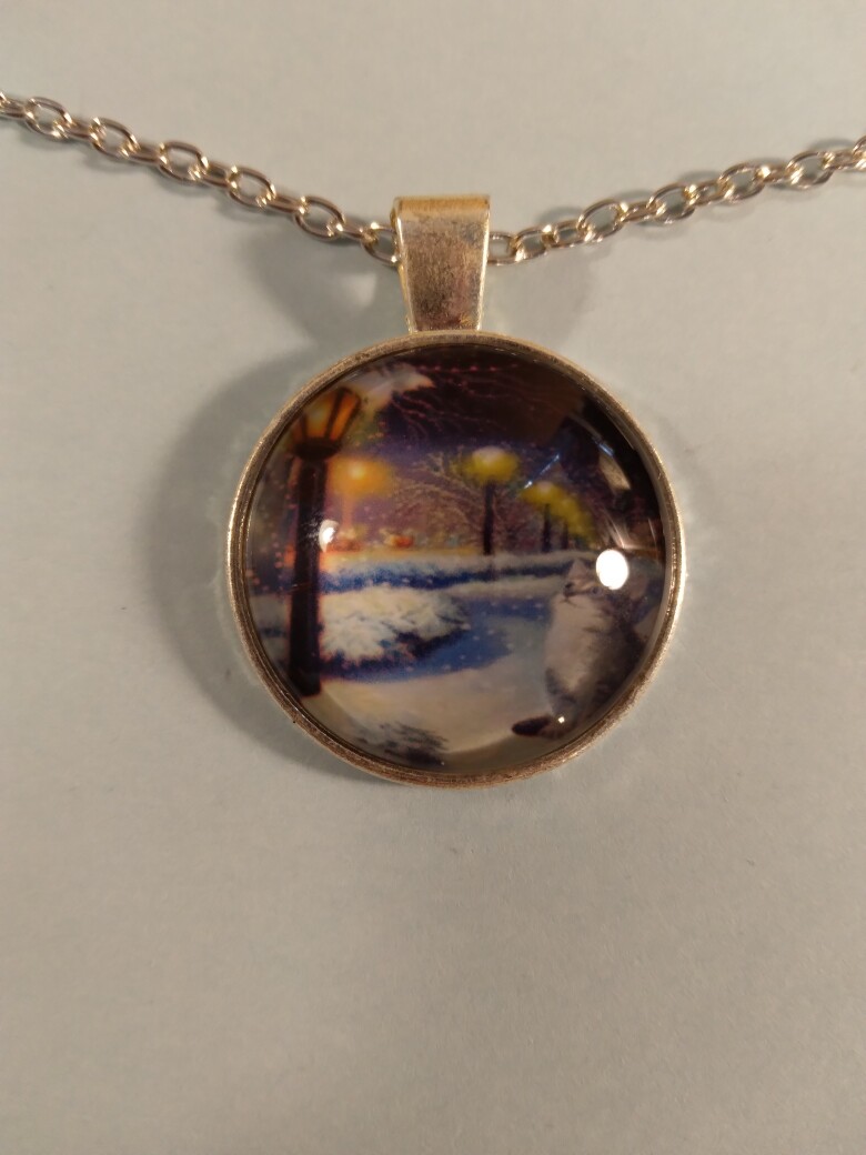 Cat in Snow by street light pendant on 19 1/2 inch Silver necklace 249048