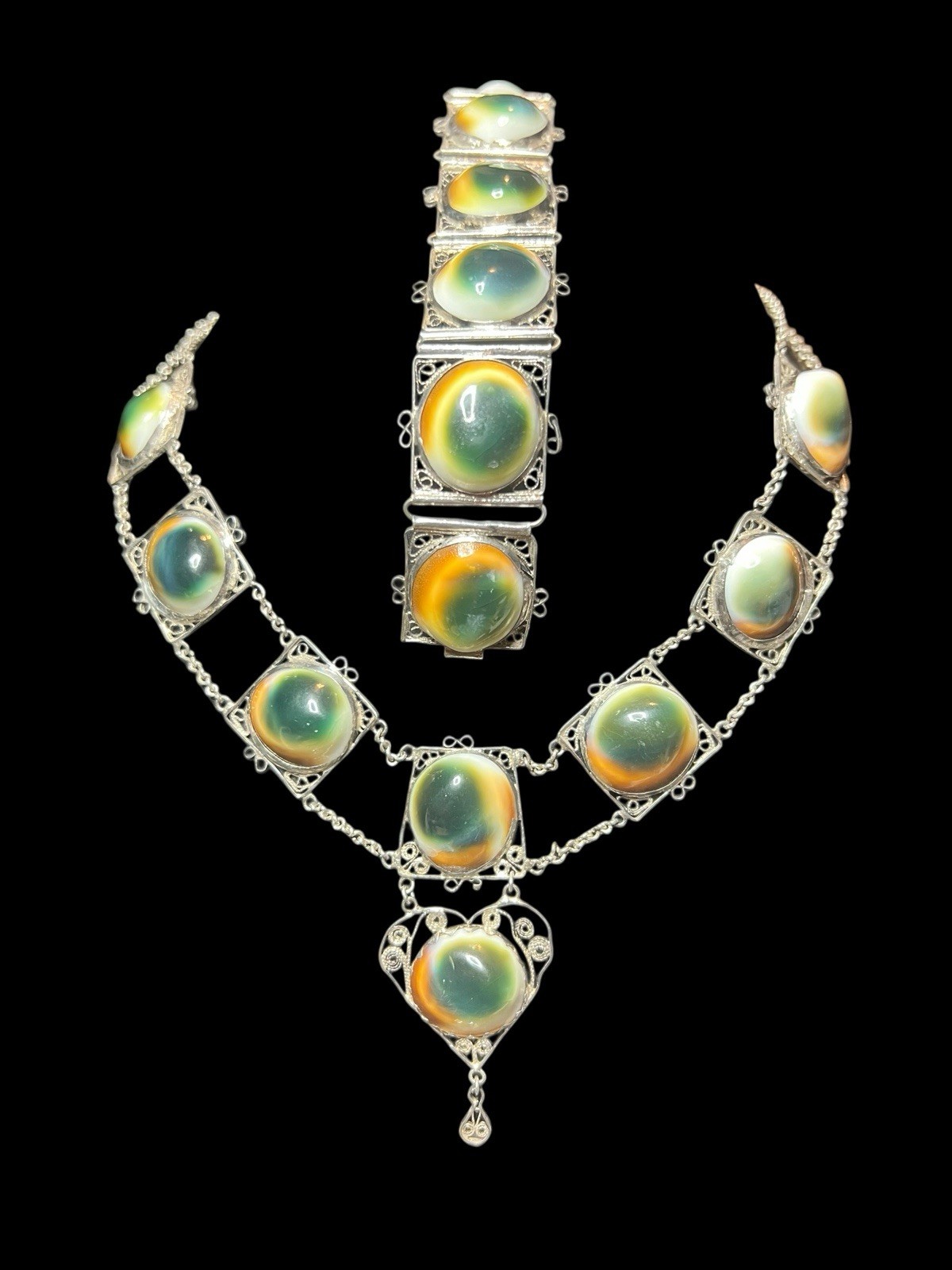 SS Vintage Filigree Necklace Bracelet Set Natural Operculum Cabochons Cats Eye