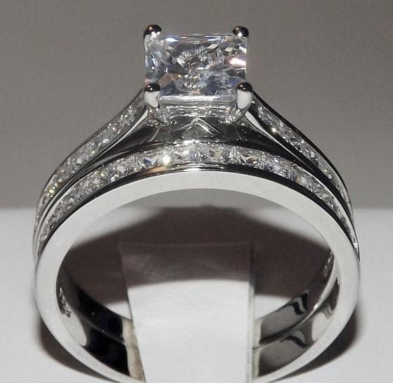 3.6C PRINCESS CUT DIAMOND SIMULATED WEDDING RING SET ENGAGEMENT BRIDAL SET 5-9