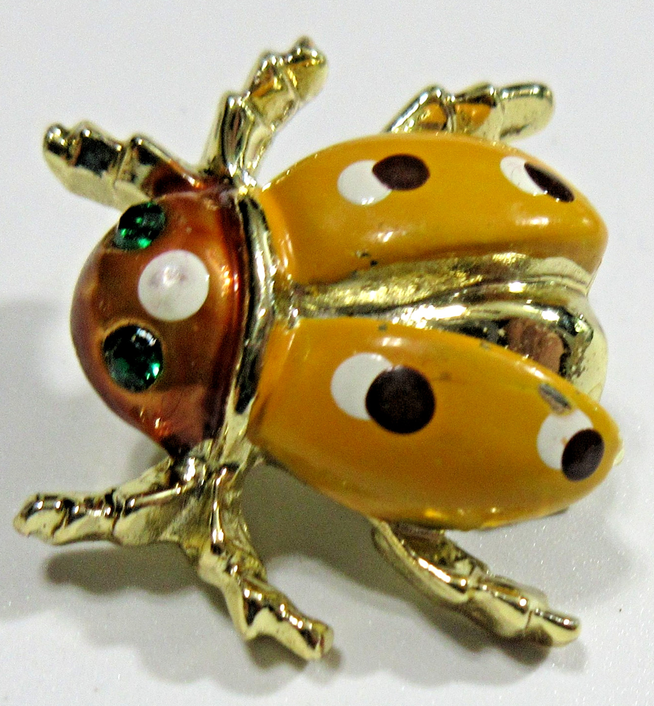 VTG yellow white black gold tone enamel mtl Lady Bug Brooch Pin green rhinestone