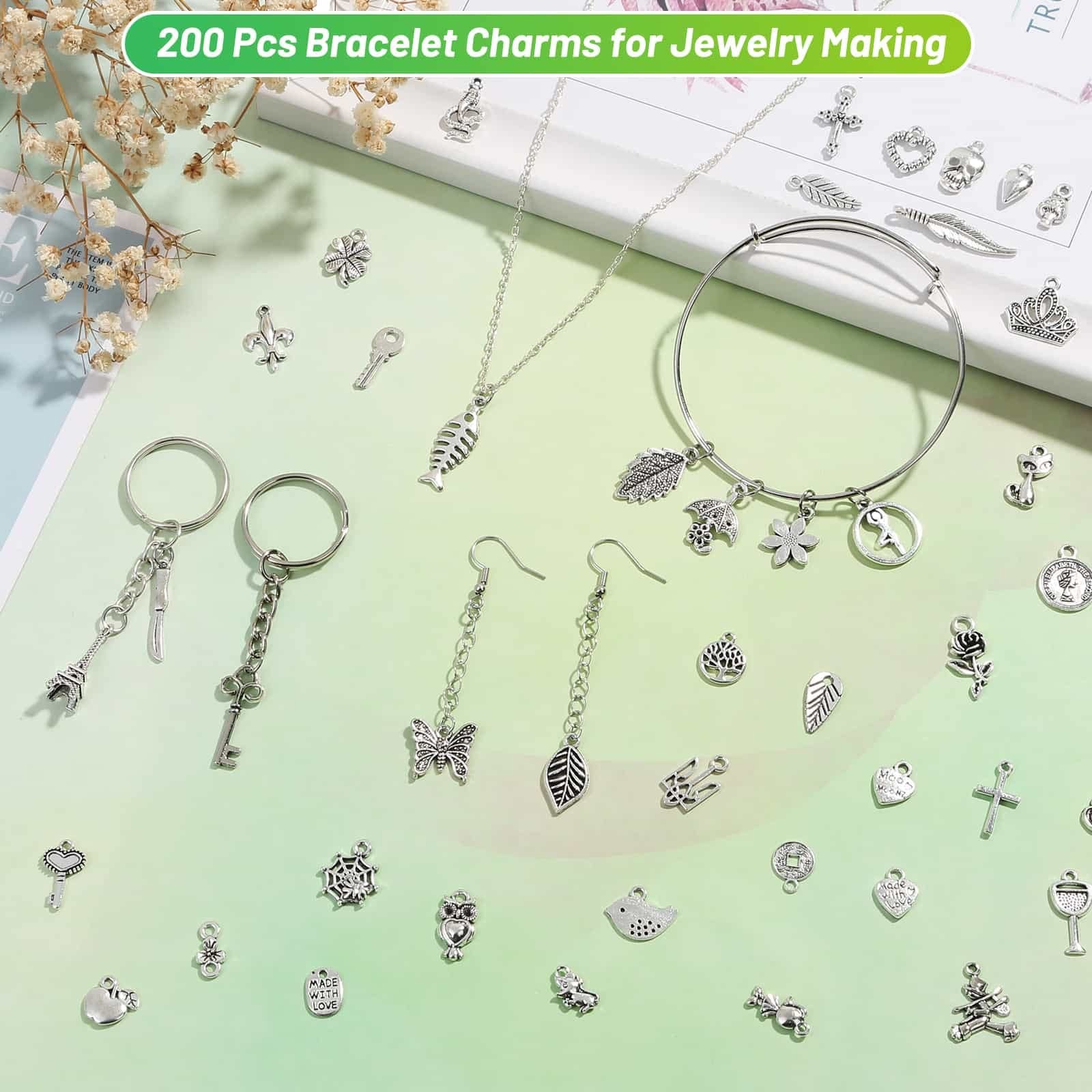 Acejoz 200Pcs Silver Charms for Jewelry Making and Bracelets, Small,