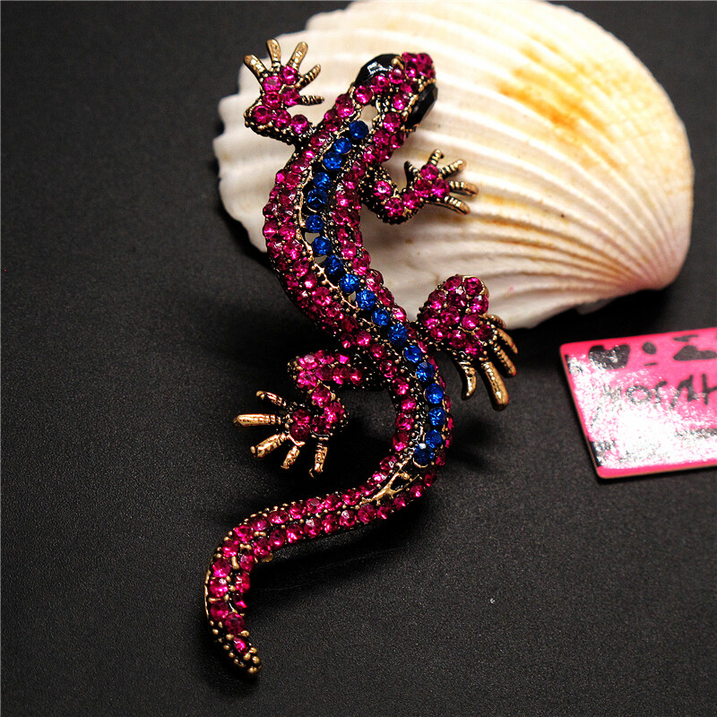 New Fashion Shiny Rose Red Navy Gecko Wall Lizard Rhinestone Charm Women Brooch