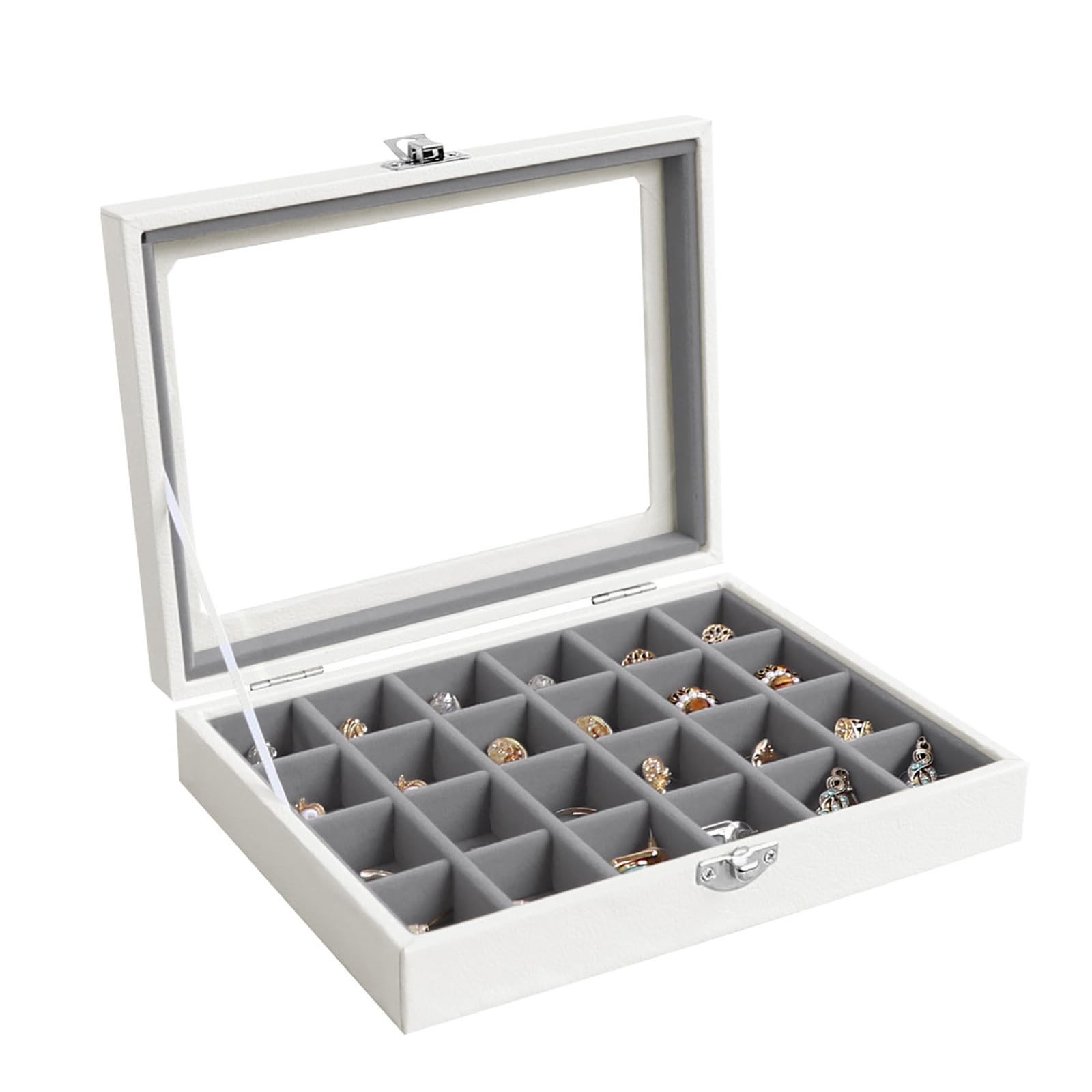 Wudygirl 24 Grid Earring Organizer Small Jewelry Box with Lid WhiteGray Cream