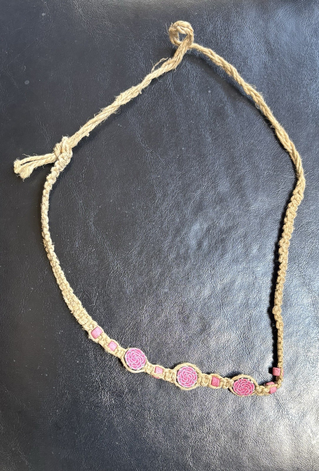 Beige Braided Cord Beaded Choker Necklace Pink Resin Rose Flower Adjustable Tie
