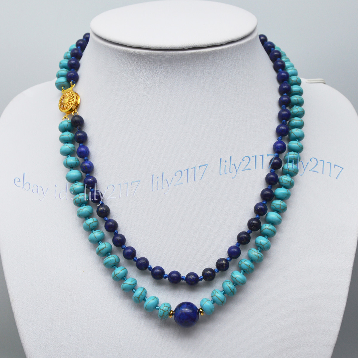 2 Rows 5x8mm Blue Turquoise Rondelle Gems & Round Lapis Lazuli Necklaces 17-18”