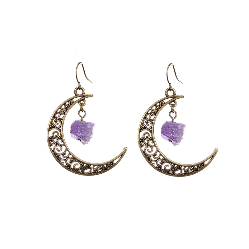 Celtic Crescent Moon Copper Alloy Amethyst Earrings