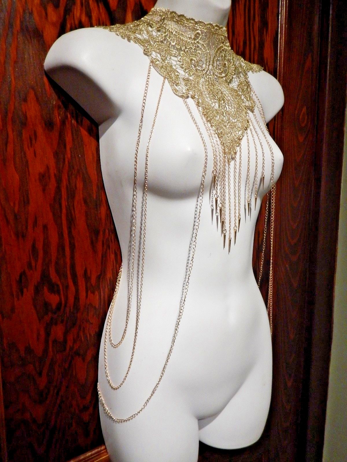 GOLD CHAIN & SPIKES LACE BODY JEWELRY necklace harness yoke choker goddess Z8