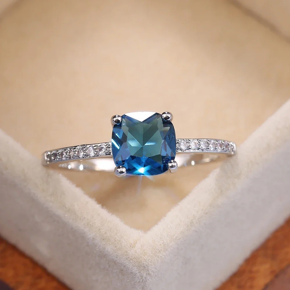 925 Sterling Silver Rings Blue Oval Zircon Women Fashion Jewelry Ring Size 5-10