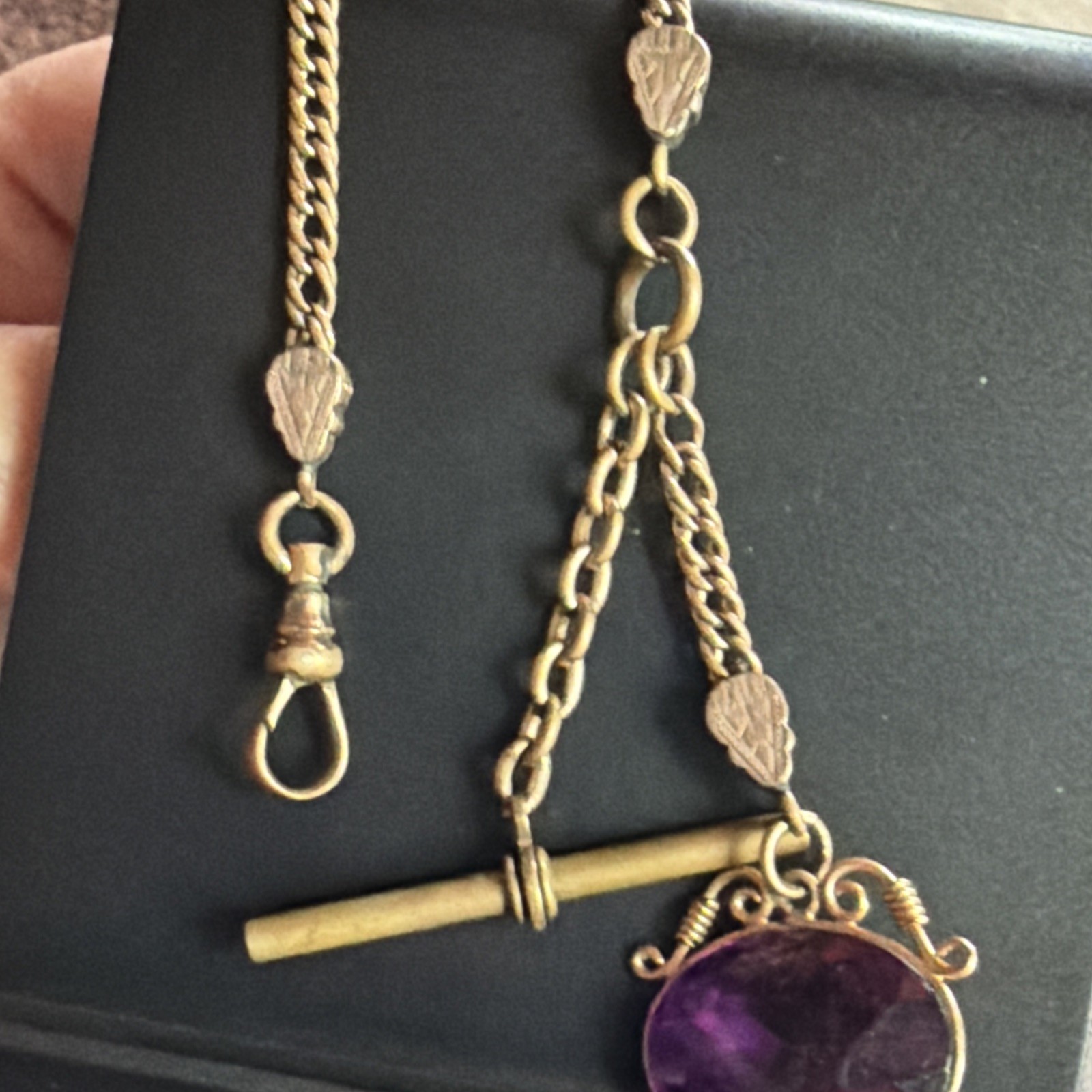 Victorian 23g Watch Chain 13” Gold Filled H.B. Co Gold Fill Purple Crystal Fob