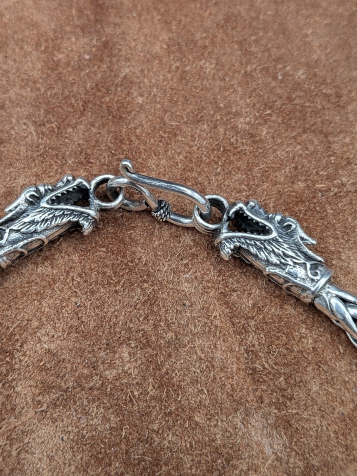 Sterling Silver Braided Chain Dragon’s Head End Tabs 8″ Bracelet ~ 28.5g