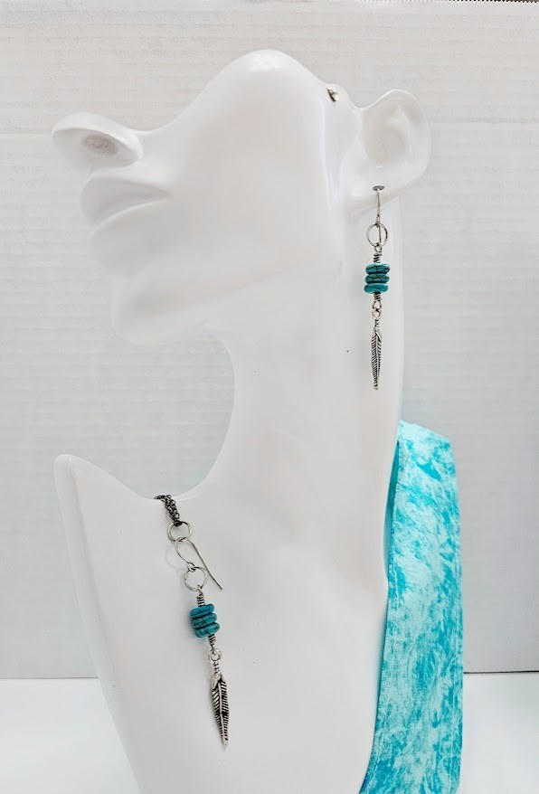Handmade Turquoise Howlite Silver Feather Western Dangle Boho Earrings