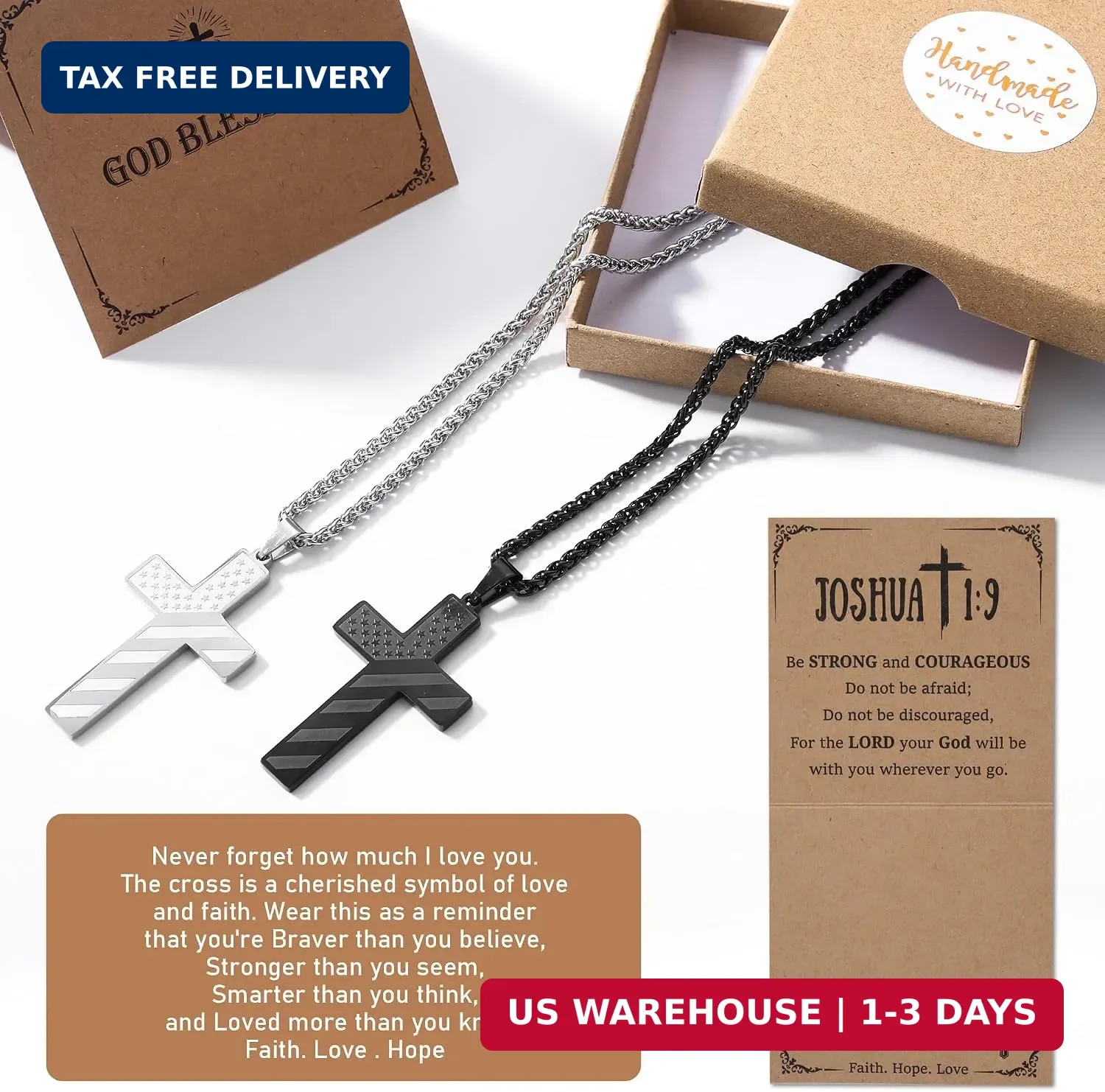 Cross Necklace for Men, 2 Pcs American Flag Bible Verse Chain for Confirmation E
