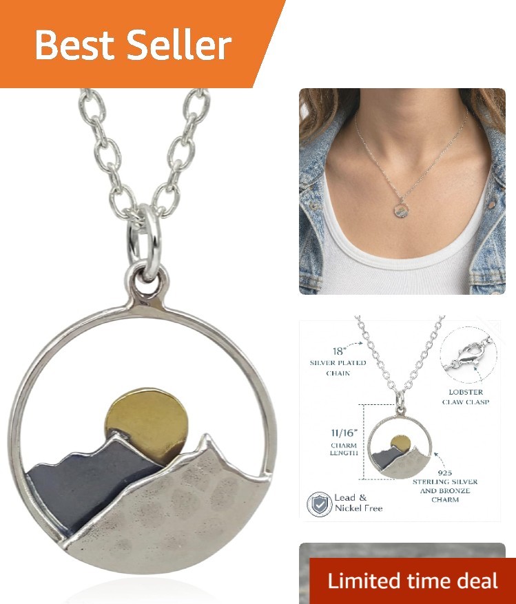 Mountain Range & Sun Charm Necklace – Handmade Sterling Silver Jewelry, 18”