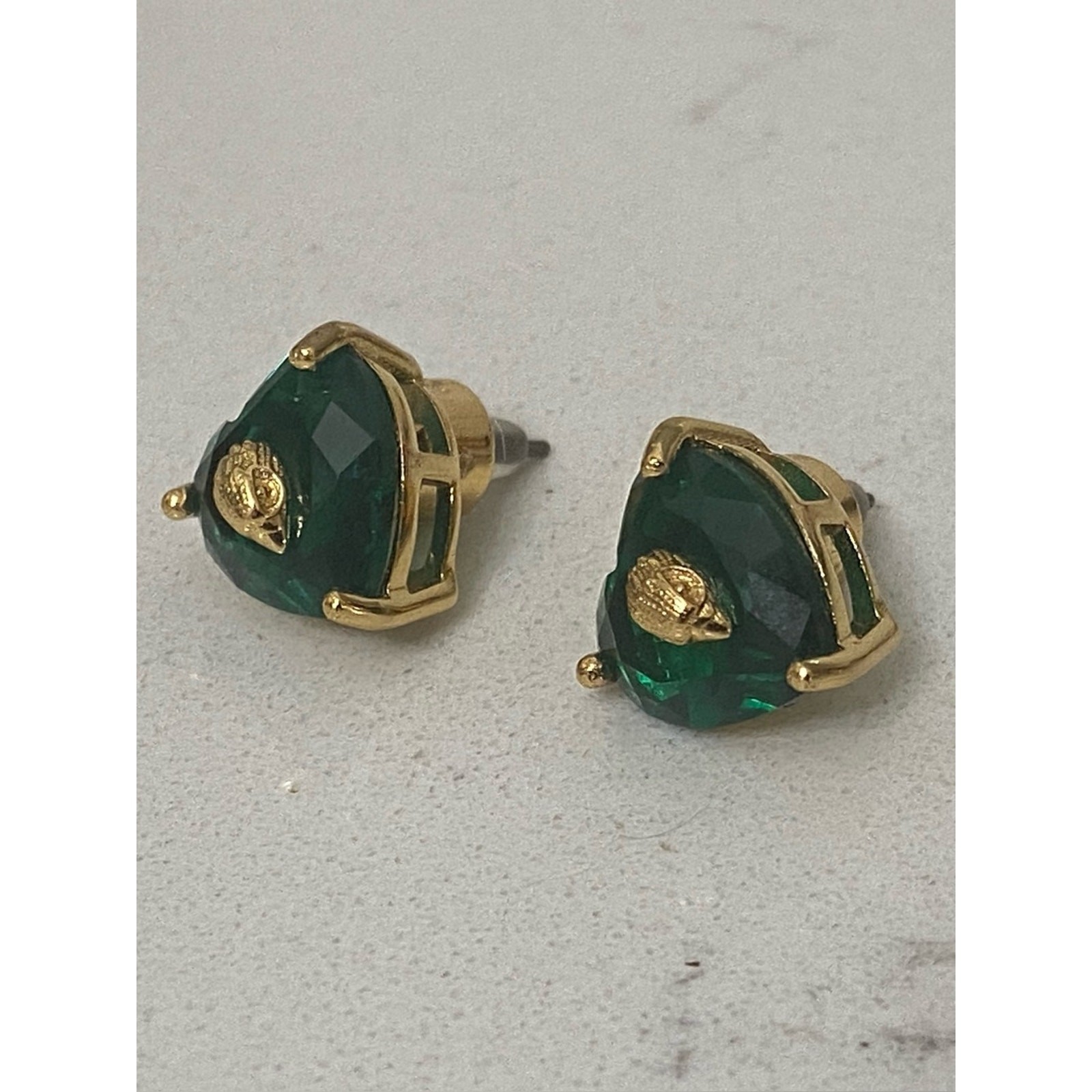 Kurt Geiger London Crystal Heart Stud Earrings Green Gold Eagle NWOT