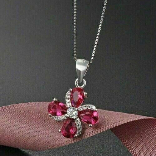3Ct Pear Cut Lab-Created Red Ruby Flower Pendant 14k White Gold Plated Silver