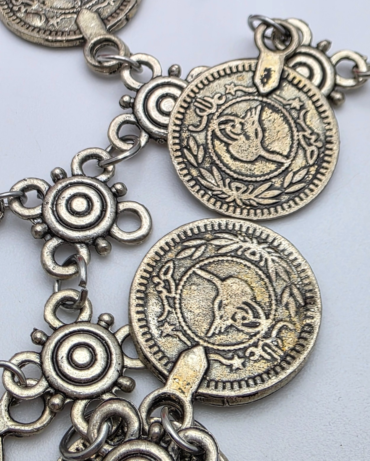Boho Ottoman Style Coin Charm Bracelet Silver Tone Dangle 7 To 9.5 In Adjustable
