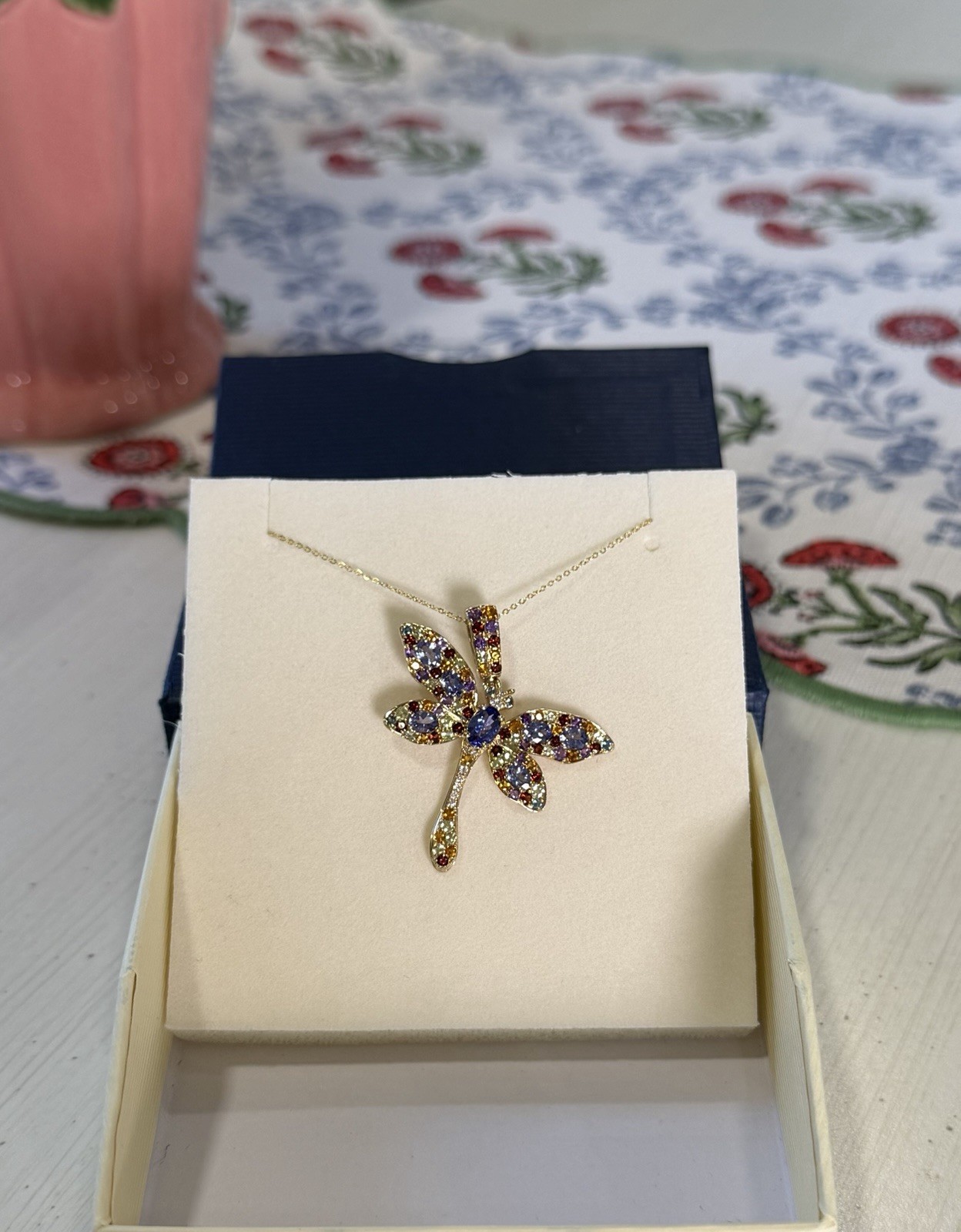 14kt Y/Gold Multi Gemstone & Diamond Dragonfly Necklace, 3.22cttw, 16-18”