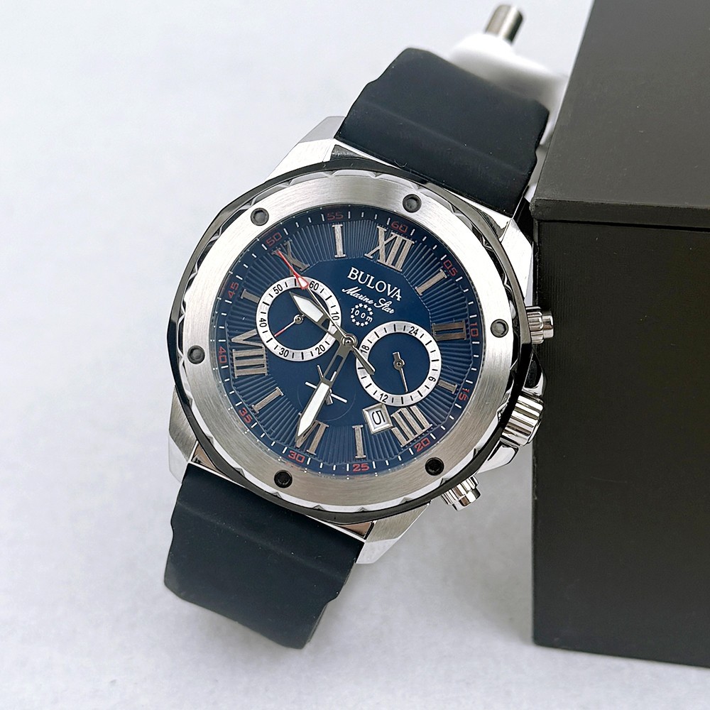 Bulova 98B258 Men’s Marine Star Quartz Blue Dial Black Rubber Strap Watch 44mm