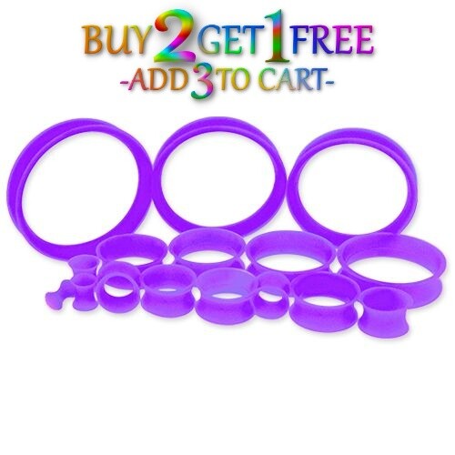 Pair 8g-40mm PURPLE SILICONE EARSKIN TUNNELS Double Flare Gauges Thin Flesh 1026