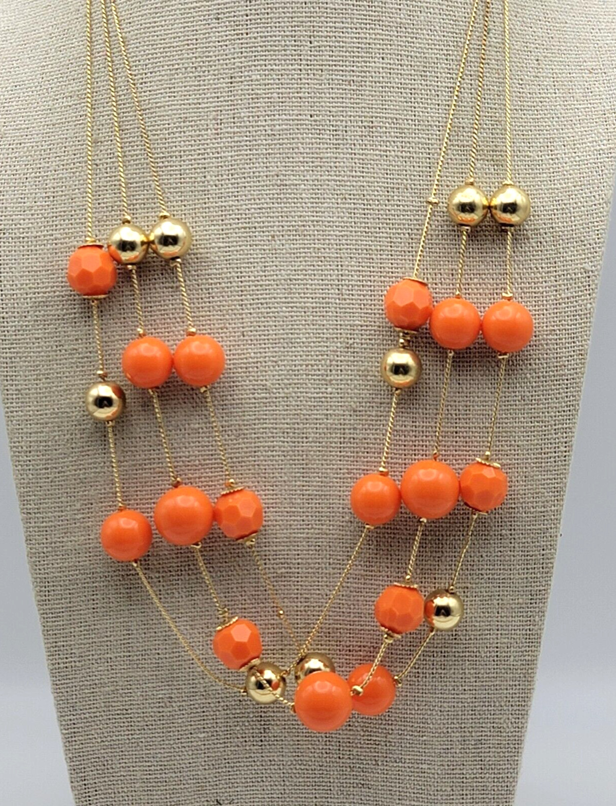 Orange And Gold Beaded Station Necklace Double-Stand 21 Inch Lobster Clasp
