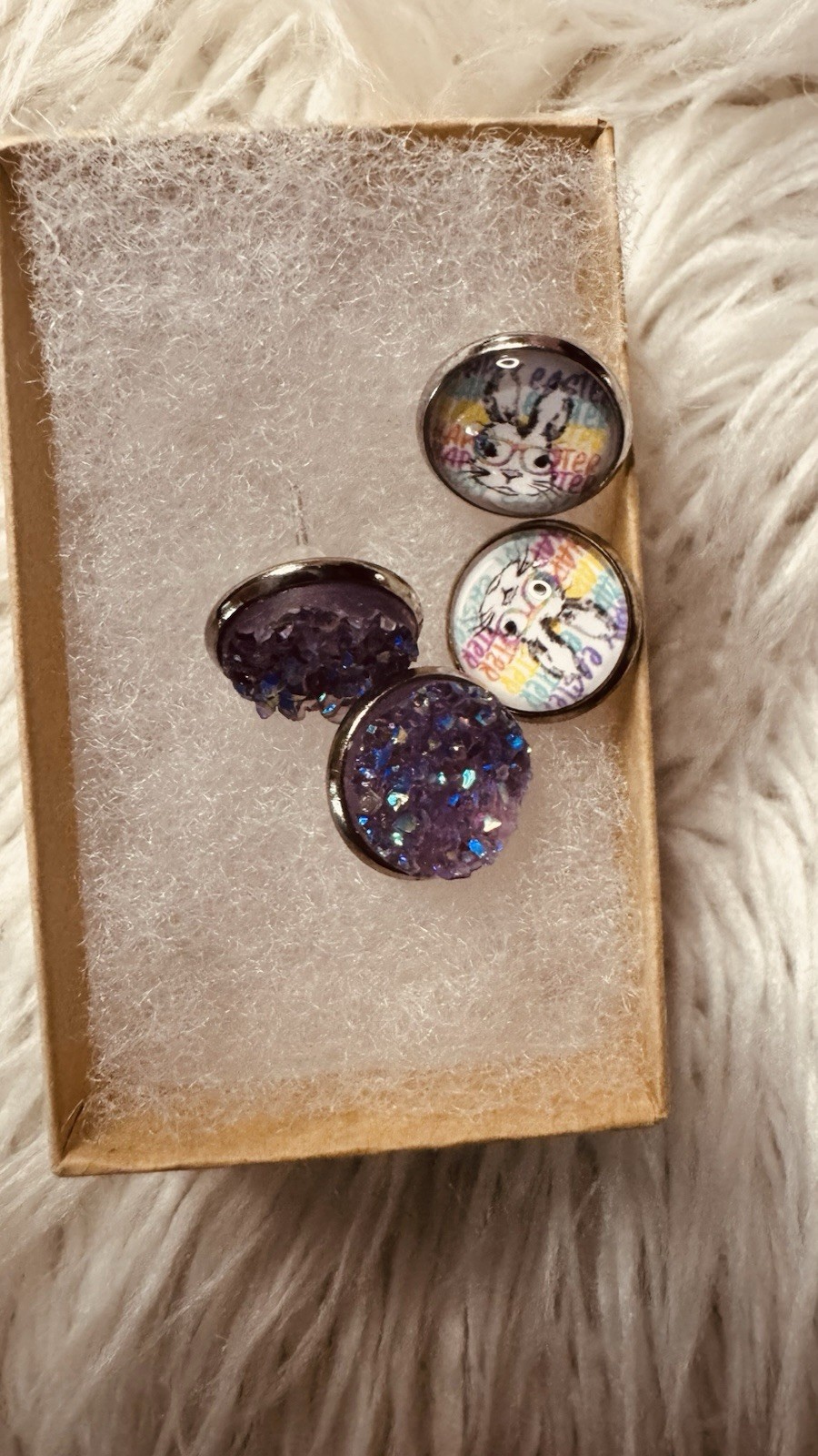 Lot of 2 Resin Round Stud Earrings Purple Druzy & Bunny Print Glossy/ Easter