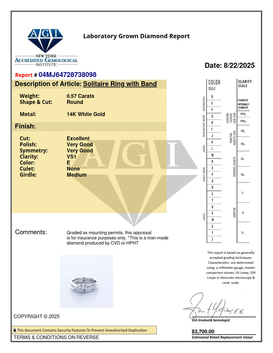 Solitaire Engagement Ring Set 14K Gold 0.57 Carat Round Lab-Grown Diamond E VS1