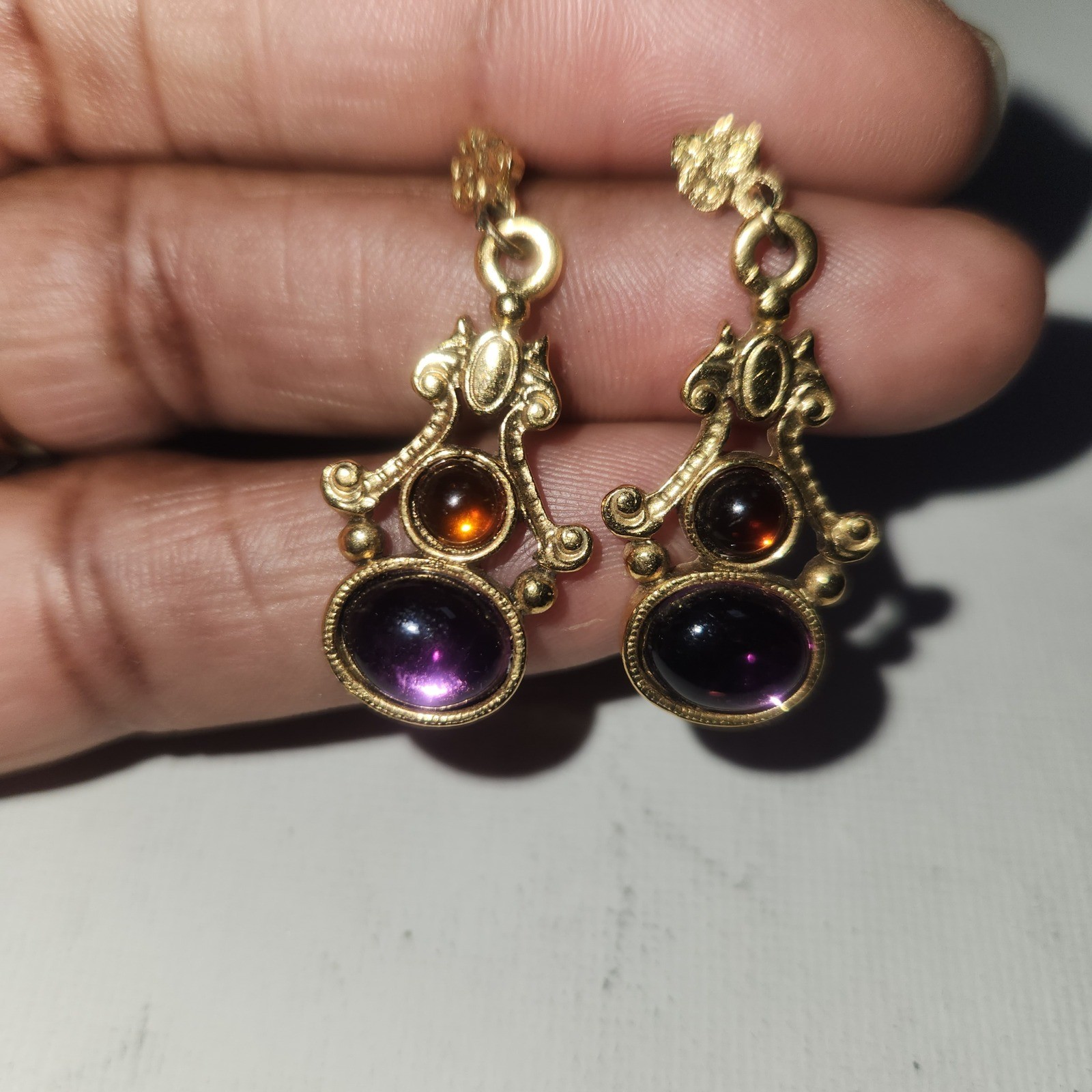 Vintage Victorian Style Gold Tone Purple Amber Cabochon Drop stud Earrings 1928
