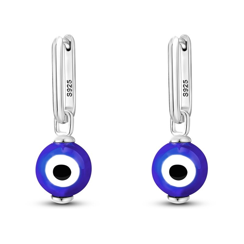 Earring with Nazar Boncuk Pendant Turkish Eye Blue 925 Sterling Silver Women
