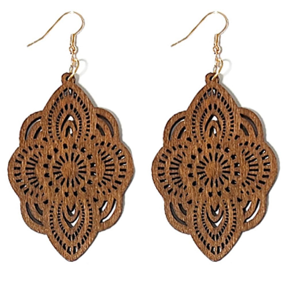 Bohemian Wood Earrings Natural Retro Lightweight Hollow Pattern Geometric Wooden