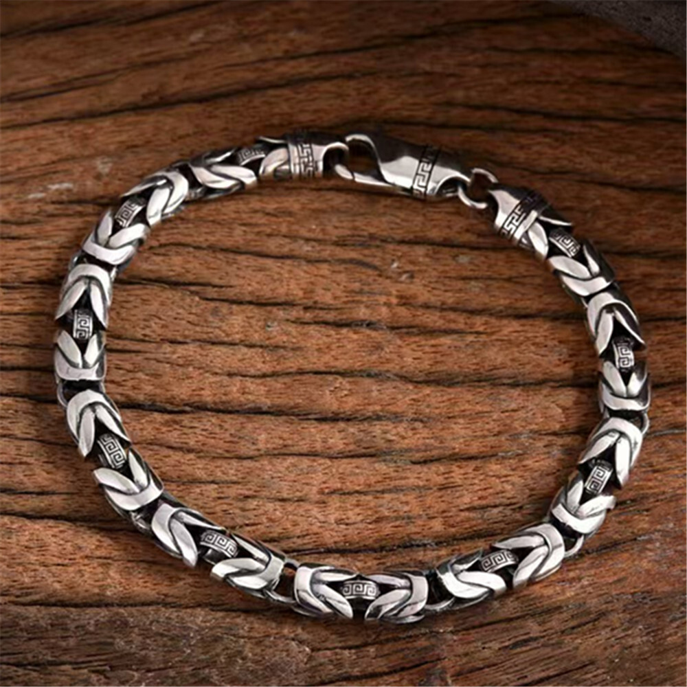 Pure S925 Sterling Silver Chain 7mm Unique Byzantine Link Bracelet 7.1-8.7inch