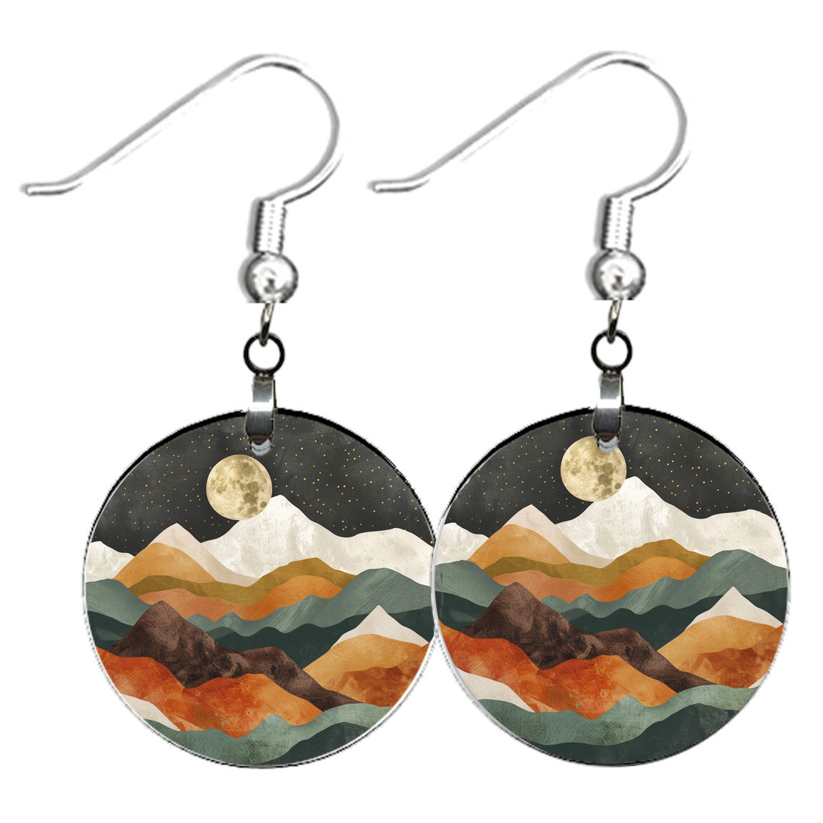 Boho Mountains & Moon Earrings Starry Sky in Muted Bohemian Colors Silver Dangle