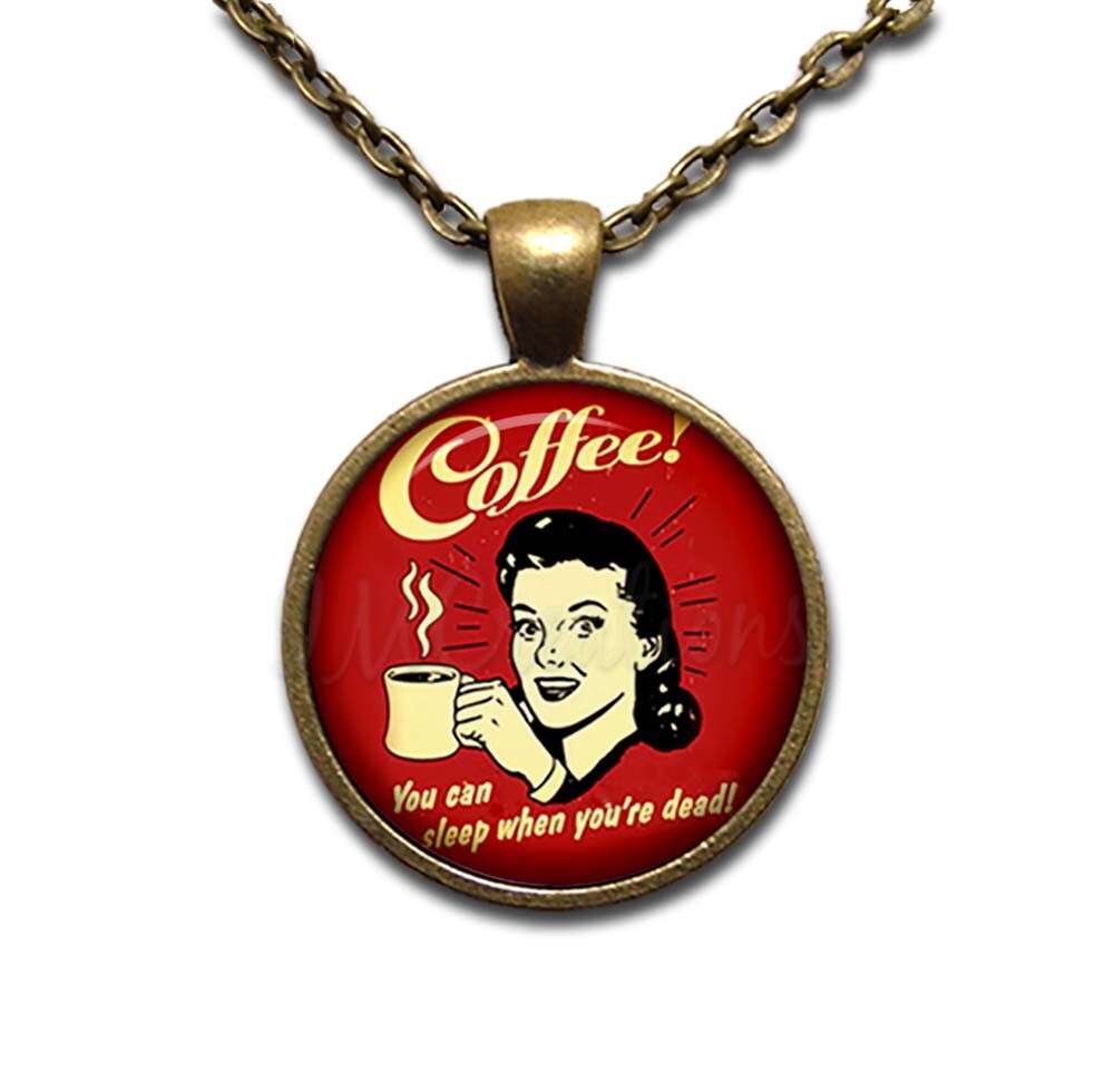 Vintage Retro Sign Coffee Drinkers – Handmade ROUND Glass Pendant Necklace