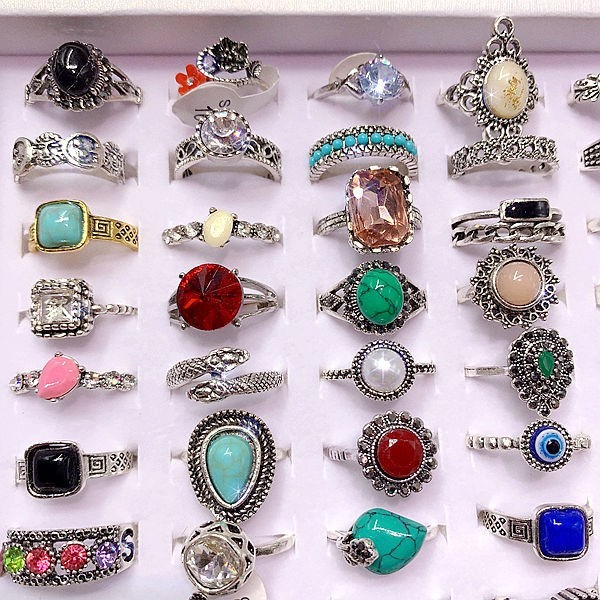 50pcs Bulk Lots Vintage Crystal Stone Mix Plated antique silver Jewelry Ring