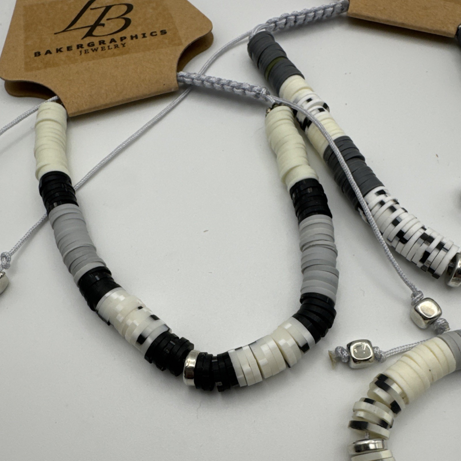 Baker Graphics Jewelry Beaded Adjustable Cord Bracelets Gray White Black