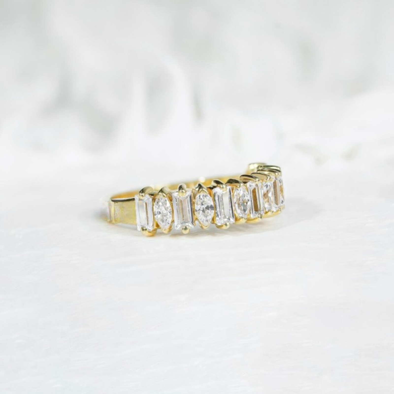 Solid 14k Yellow Gold 2.50mm Baguette & Marquise Lab Grown Diamond Wedding Band