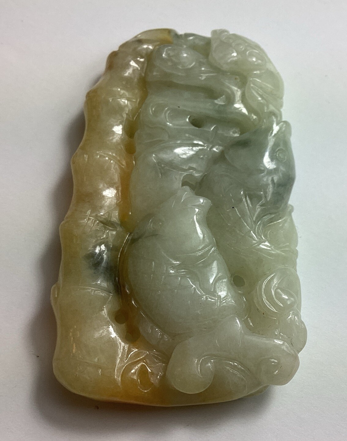 Light Tan Jadeite 2 Fish, Lucky Coin, Bamboo Translucent Pendant