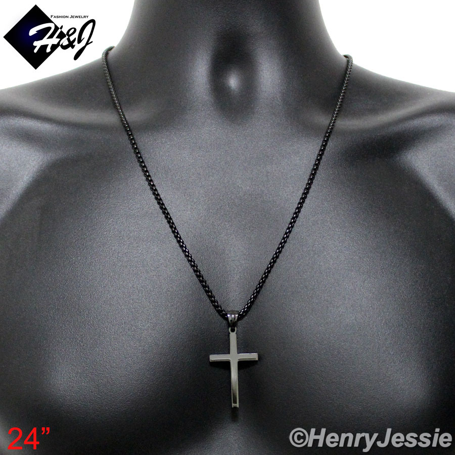 18-36″MEN Stainless Steel 3mm Black Plated Box Chain Necklace Cross Pendant*BP29