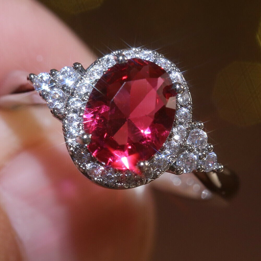 2CT Lab Created Red Ruby Diamond Wedding Engagement Ring 14K White Gold Plated