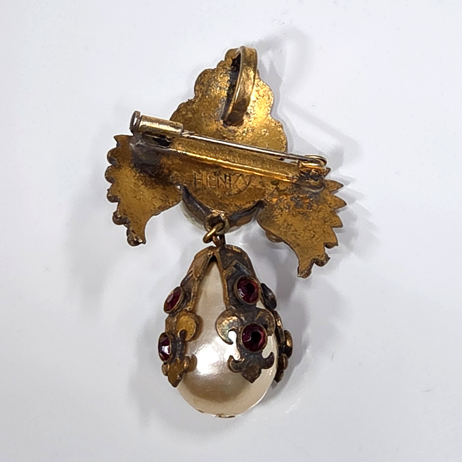Henry Perichon Baroque Pearl Rhinestone Dangle Brooch Pendant France 1950s-1960s