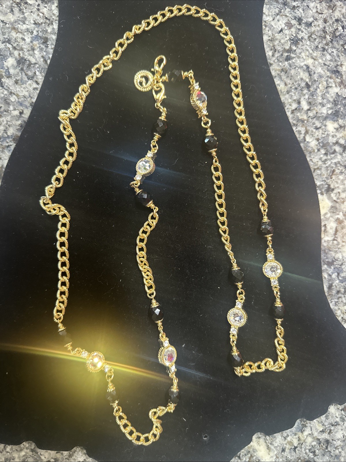 ST. JOHN Logo Gold Tone Black Bead & Bezel Colorless Crystal Necklace 46” Beauty