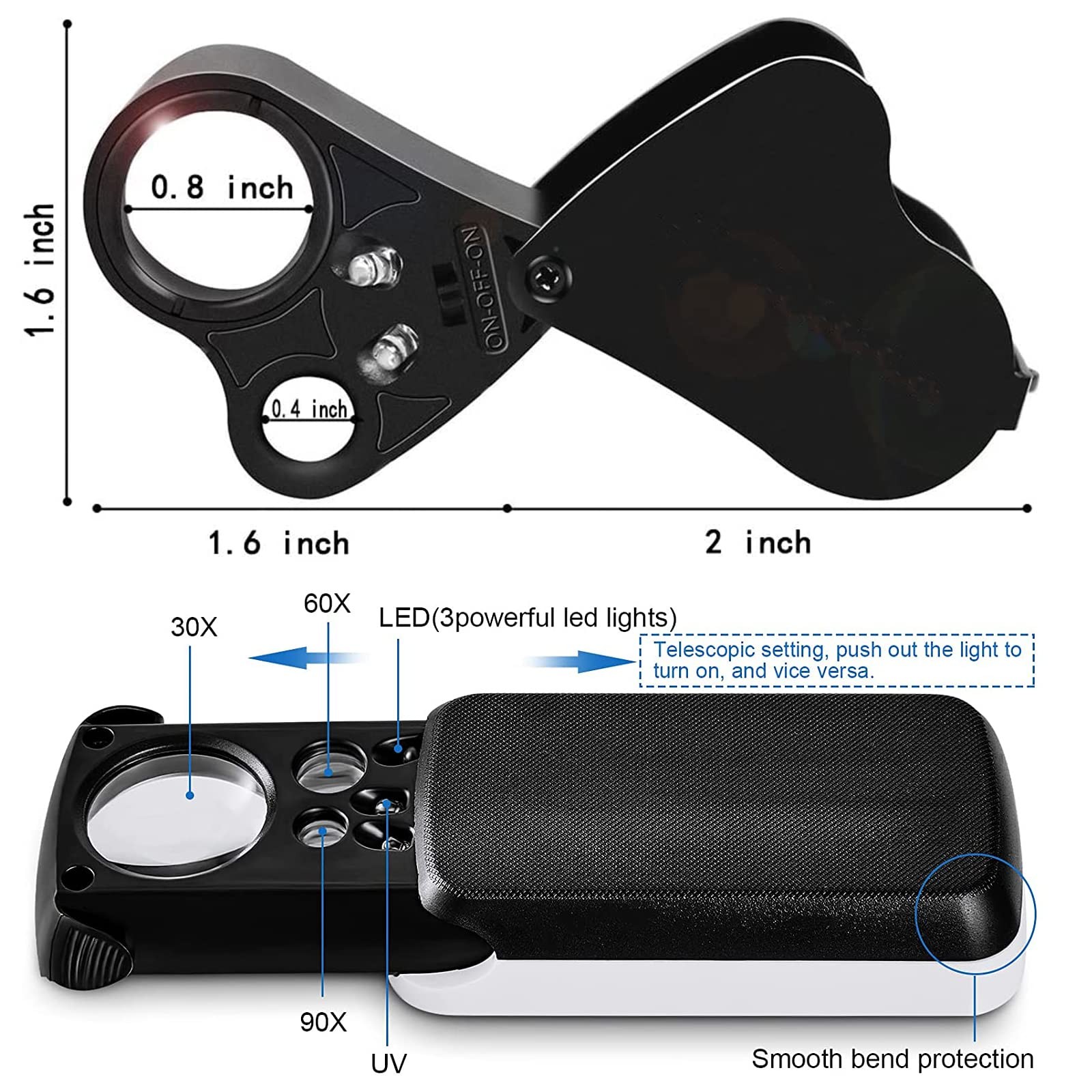Jewelers Loupe, 2 Pack Magnifying Glass with Light, 30X 60X 90X Jewelers Loop Ma