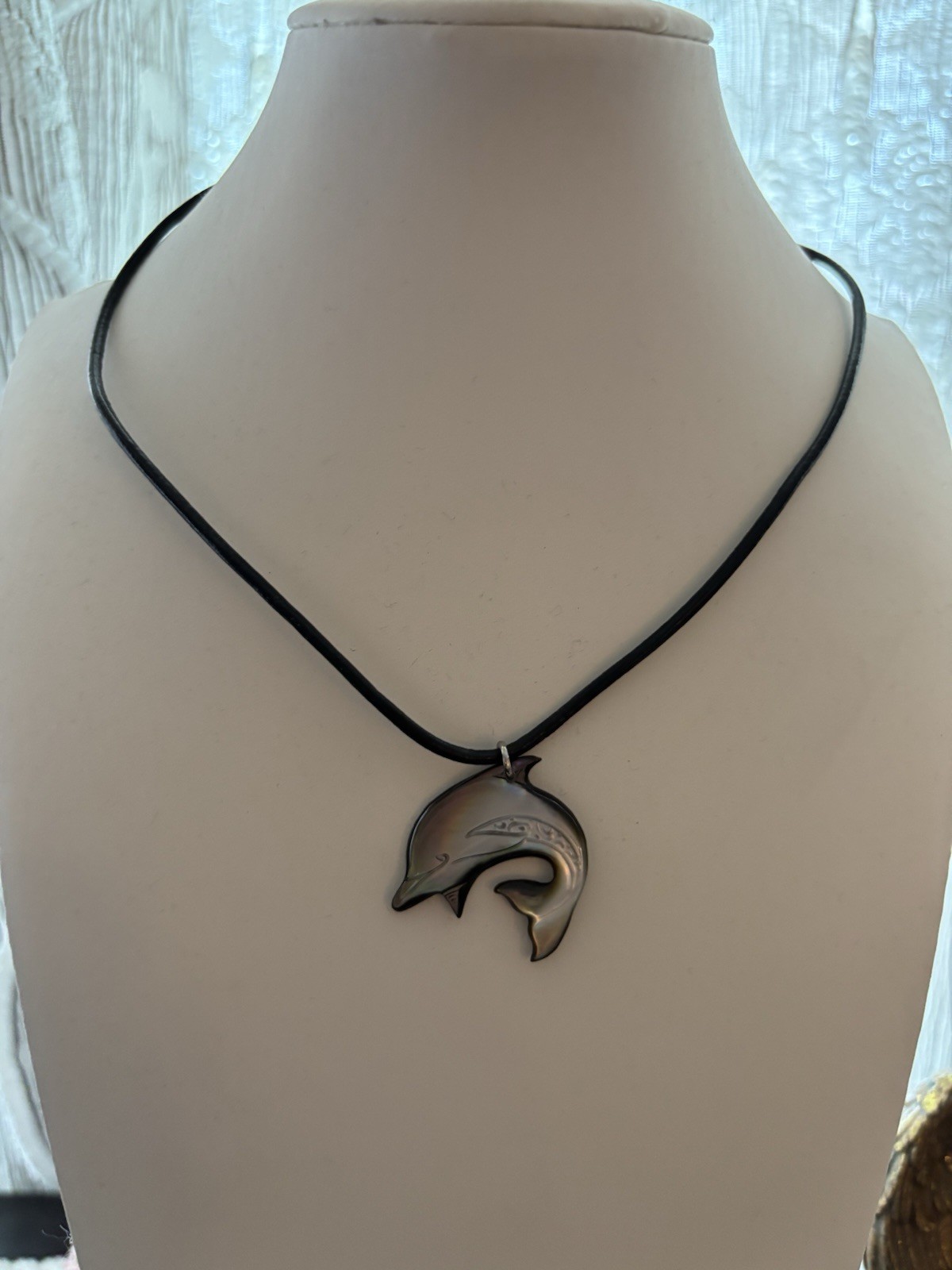 Black Wax Cord Mother of Pearl Dolphin Pendant Necklace – Women Jewelry