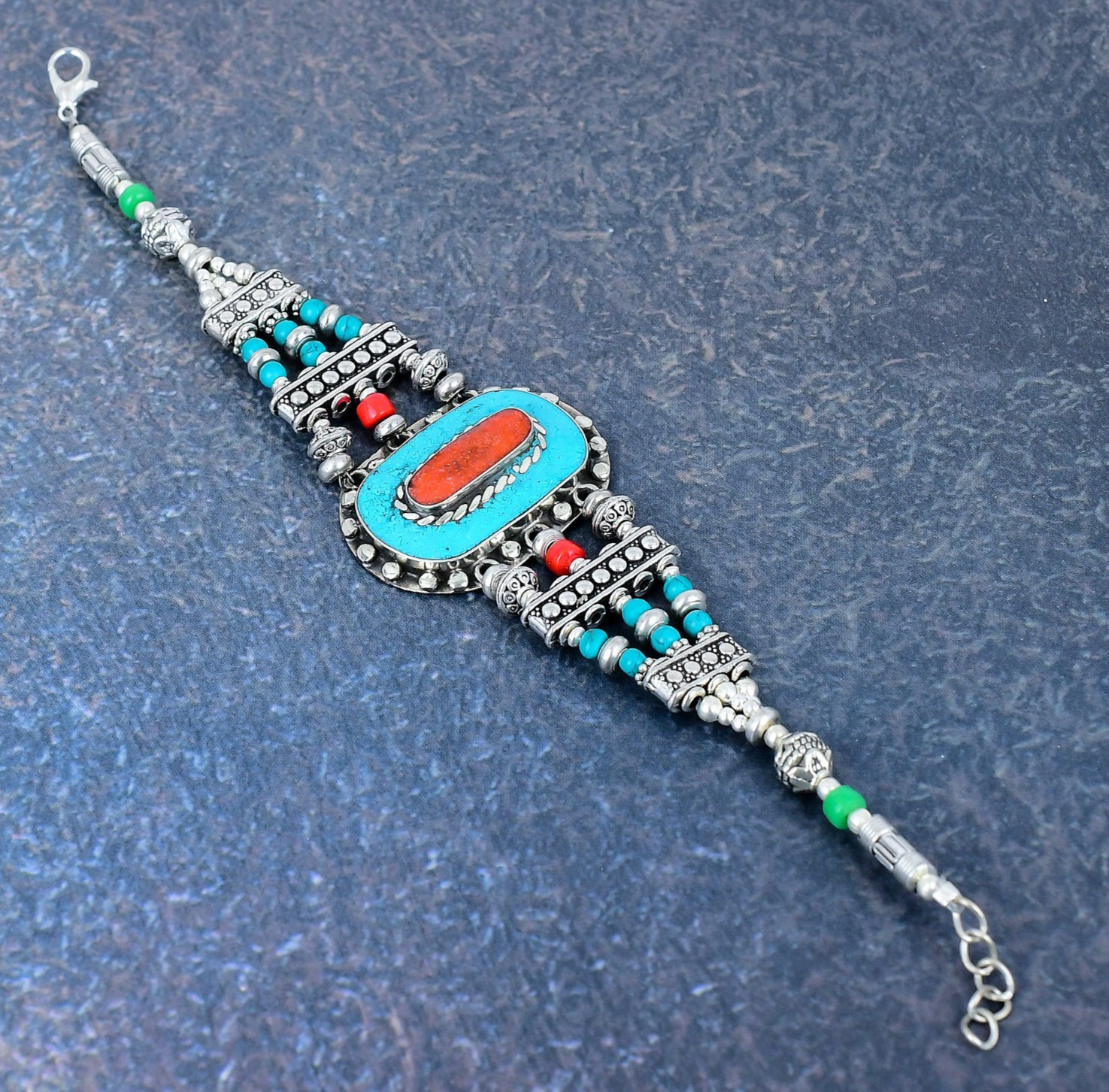 Turquoise, Coral Gemstone Handmade 925 Sterling Silver Nepali Bracelet Jewelry