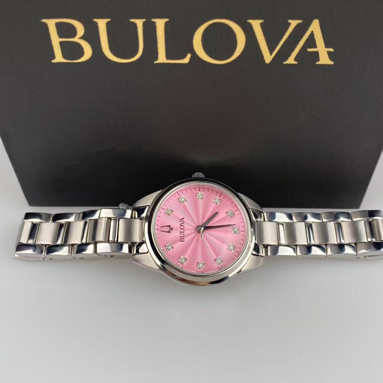 Bulova Sutton 96P249 Pink Diamond Dial Stainless Steel Women’s Quartz Watch 28mm