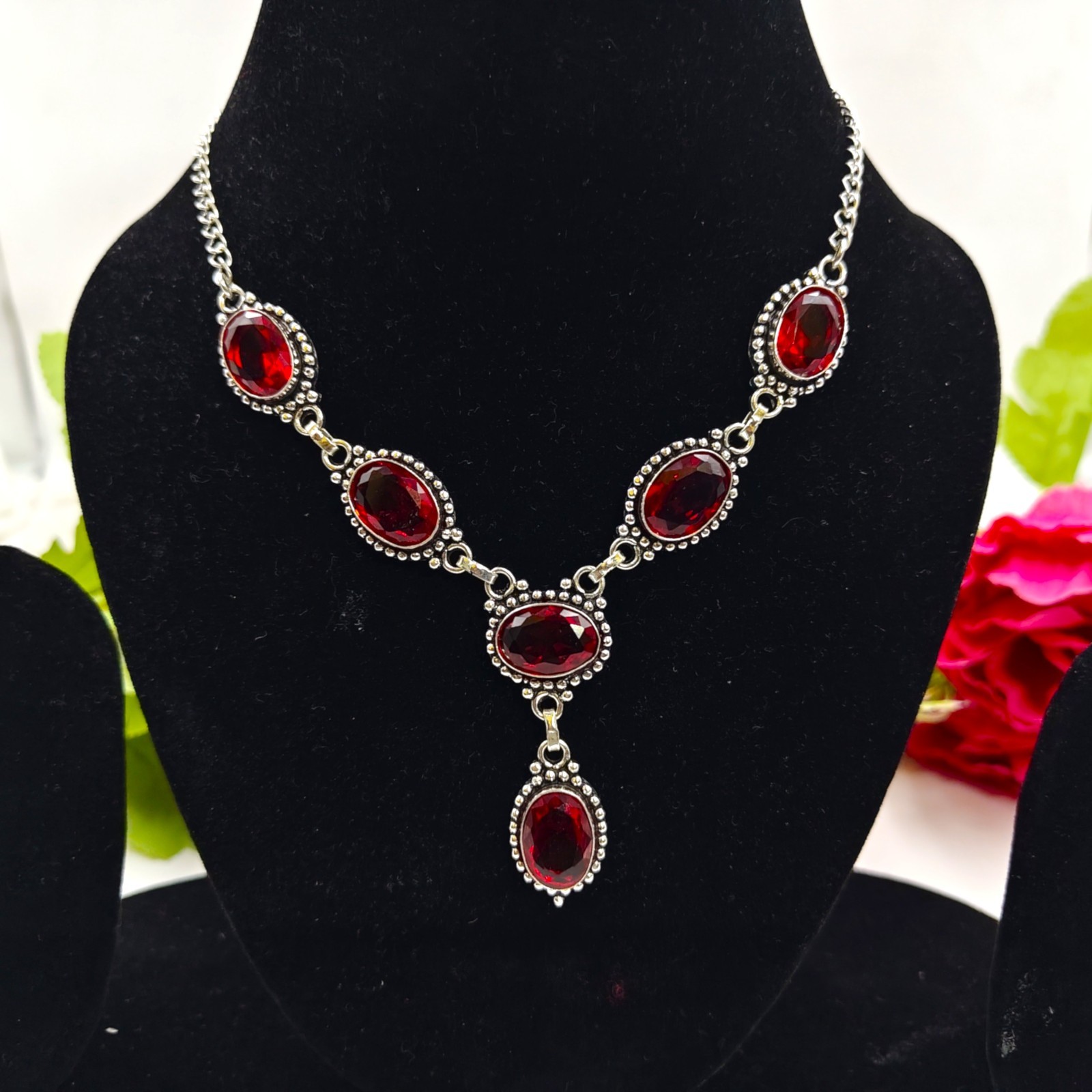 Red Garnet Gemstone Handmade 925 Sterling Silver Jewelry Necklace Size-17-18″