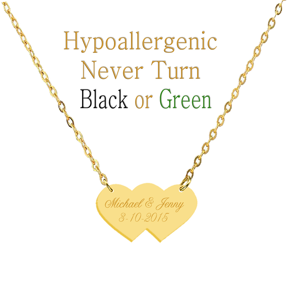 Personalized Name Double Heart Necklace Silver Gold Stainless Steel Custom